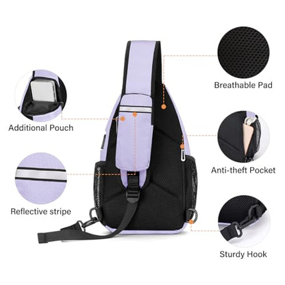 MOSISO Sling Backpack Bag, Crossbody Shoulder Bag Travel Hiking Daypack Chest Bag with Front Square Pocket&USB Charging Port - color: Purple