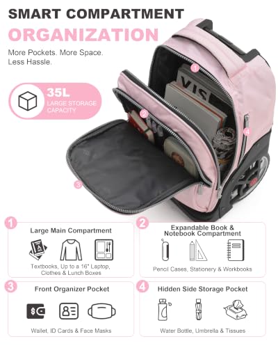 NEW TILAMI 19 Inch Rolling Backpack with Lunch Bag School Stair-Climbing | Stair-Climbing Teen Boys Girls Carry-on Suitcase Large Compartment 15.6 Laptop Sleeve Adjustable Handle Roller Travel Bag - color: Pink Fairy