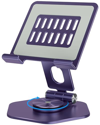 Tablet Stand, Aluminum Desktop Holder, Compatible with 5-12.9" iPad, Purple | 360° Swivel Adjustable Viewing Angles; Sturdy All-Aluminum Design Improve heat dissipation; Foldable and Storage; - color: Purple