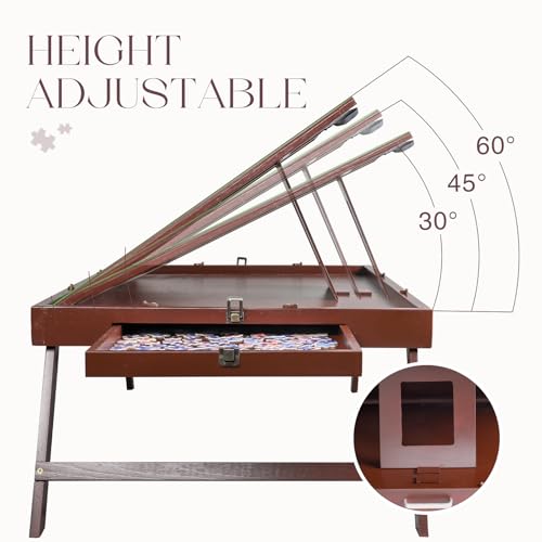 Solid Wood Puzzle Table with Tilt Adjustable Desktop, Portable Jigsaw Puzzle Board with Drawers, Non-Slip Felt Surface, Puzzle Table with Legs (Red-Brown) - color: Red-brown