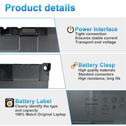 99.5Wh KV690 Laptop Battery Replacement for Dell Precision 5680 5690 Series Notebook 06D2HW 6D2HW 0WPYCV WPYCV 0N7KV9 N7KV9 11.55V 8399mAh 6-Cell - size: 12.60*3.62*0.87inch KV690
