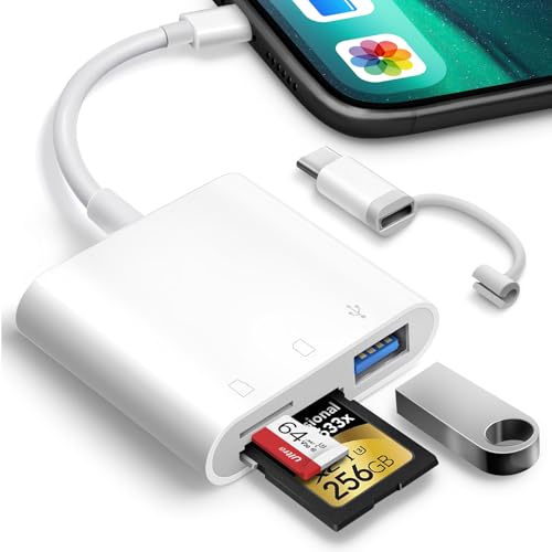 Oyuiasle SD Card Reader for iPhone iPad Trail Camera Viewer 3-in-1 SD Adapter with Dual Slots & USB Port, Memory Card Adapter Dual-connector Design with Lightening&USB-C for Photographers, Plug & Play - size: 3 Slots