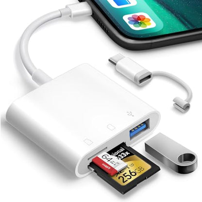 Oyuiasle SD Card Reader for iPhone iPad Trail Camera Viewer 3-in-1 SD Adapter with Dual Slots & USB Port, Memory Card Adapter Dual-connector Design with Lightening&USB-C for Photographers, Plug & Play - size: 3 Slots