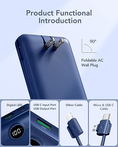 VRURC Portable Charger 20000mAh, Fast Charging Power Bank USB C,4 Output 2 Input Travel Essentials Charging Bank Equipped with LED Display,Built-in Wall Plug and Cables,Phone Charger Battery,Navy - color: Navy