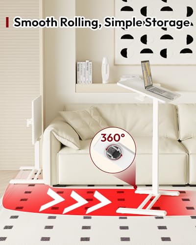 SANODESK Medical Adjustable Overbed Bedside Table with Casters 90° Tilt Top Pneumatic Mobile Rolling Laptop Computer Standing Desk Cart with Tray, Hospital and Home Use(31.5" W x 17.7" D, White) - color: White, size: Large