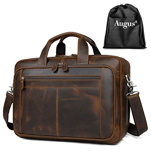 Leather Briefcase for Men 16" Laptop Shoulder Bag with Luggage Strap | 100% full-grain leather, YKK zip, fits 15.6-17" laptop, shoulder strap, 17x6.5x12", 4.2lb