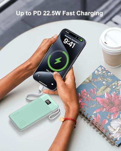 Portable Charger 10000mAh Power Bank w/Built-in 3 Cables & AC Wall Plug | 22.5W Fast Charging, Pass Through Charging, 0.68in Ultra Slim, TSA Approved, Travel Essential for iPhone/Samsung/iPad - color: Green