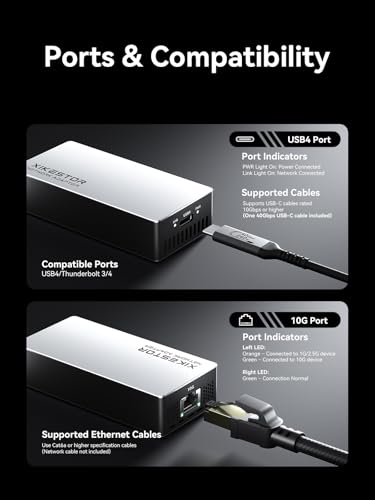 10G Ethernet Adapter, USB4 to 10G Base-T Thunderbolt 3/4 Compatible,10GB USB-C Ethernet Adapter,10Gbps RJ45 LAN,Aluminum Alloy Housing,Quiet and Intelligent Fan Temperature Control.
