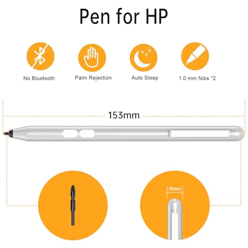 Stylus Pen for HP Omnibook/Envy/Spectre/Pavilion x360, 1024 Pressure | MPP 1.51 Stylus Pen with Palm Rejection, 2500H Battery Digital Pen with Eraser for Drawing/Note-Taking, AAAA Battery Included - color: Platinum