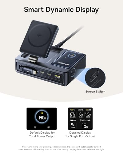 Baseus Nomos 5-in-1 Charging Station 140W, Qi2 Certified 15W Magnetic Wireless Charger with 100W Retractable Cable, GaN Fast USB C Desktop Charger for Magsafe, iPhone 16/15 Pro Max, MacBook Pro - size: 140W