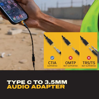 DEWALT Aux to USB C Adapter – 3.5mm to USB C Audio Headphone Jack Dongle with DAC Chip, CTIA Compatible, Kevlar-Reinforced Cable for iPhone 17 16 15, Samsung Galaxy, iPad & MacBook