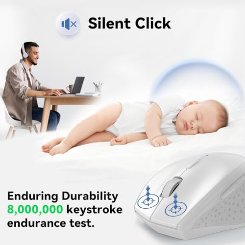 TECKNET Wireless Mouse, 2.4G Computer Mouse with 6-Level Adjustable 4800 DPI, 30 Months Battery, Ergonomic Grips, 6 Buttons Portable for PC, Chromebook, Mac - White - color: White
