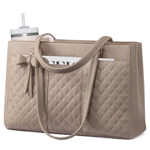 LOVEVOOK Laptop Tote Bag for Women,15.6 Inch Work Bags PU Leather Teacher Tote Bag,Waterproof Quilted Computer Bag for Office Professional Briefcase Gifts - color: Sandy-a, size: 15.6 Inch