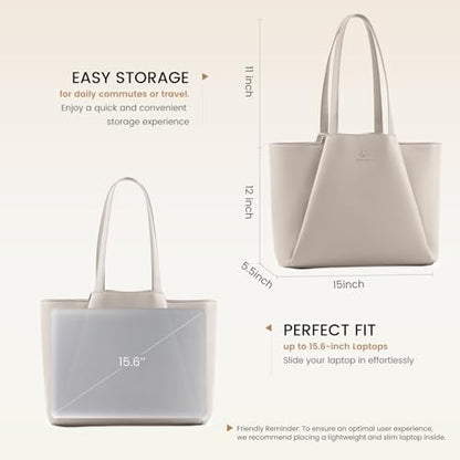 LOVEVOOK Laptop Tote for Women - 15.6 Inch Faux Leather Laptop Bag with Clutch, Large Capacity Office Purse Computer - color: Off-white, size: 15.6 inch