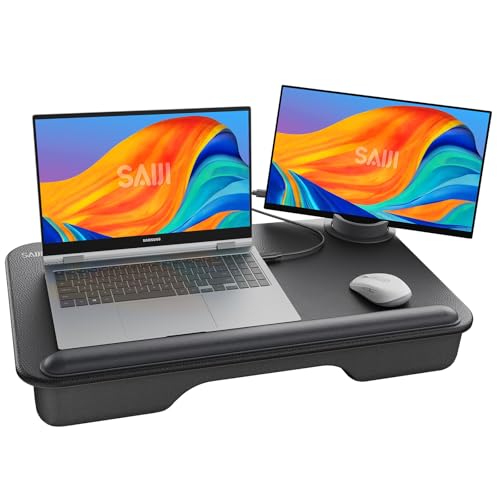 SAIJI Laptop Lap Desk - Fits Up to 17" Laptops, Lightweight Lap Tray Table Stand with Soft Leather Wrist Pad, External Monitor Holder, Lap Desk with Cushion for Home Office Working/Gaming On Couch - color: Deep Black