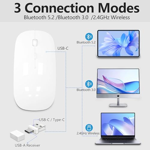 Silent Bluetooth Wireless Mouse with Jiggler, Rechargeable Portable Mouse for MacBook, iPad, Laptop & PC, Dual Mode BT5.2 and 2.4G, USB-C/USB-A Receiver, Adjustable DPI Compact Travel Mouse -White - color: White