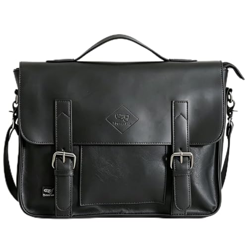Leather Messenger Bag for Men, Leather Laptop Shoulder Satchel Bag, Vintage Briefcase for Office Travel Work - color: Black