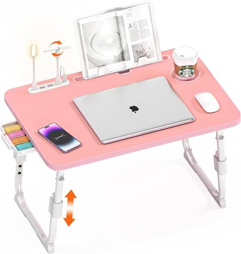 Lap Desk for Bed, Adjustable Laptop Desk with USB Charging Port, Storage Drawer & Bookshelf — Foldable Bed Desk for WFH & Students, 23.6" Desktop Fits 20" Laptop, Non-Slip, Pink - color: Pink