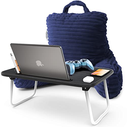 Nestl Navy Blue Reading Pillow with Bed Desk for Laptop and Writing, Luxe Cut Plush Back Pillow for Sitting Up, Back and Arms Adjustable Support for Kids and Teens, Foldable Lap Desk for Bed 19x11” - color: 05- Navy Blue, size: Small 14"