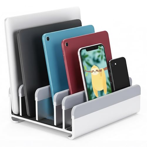 Elestoria 5- Slot Vertical Laptop Stand - Aluminum Laptop Stand Vertical for Desk - Adjustable Width (12-38mm) Fits MacBook Pro/Air, Surface & Gaming Laptops upto 17.3"-Heavy Duty Laptop Holder-Silver - color: Silver