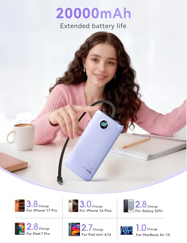 DIAMUAR Portable Charger 20000mAh 45W, Built in USB C Cable, 3W Flashlight | Fast Charging, Digital Display, 3 Ports, All-Day Power, Travel-Ready, for iPhone 17/16/15, Tablet, Laptop, Camping Essentials - color: Purple