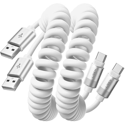 LISEN Coiled USB C Cable, 2 Pack for Android Auto & CarPlay Cable, Short USB A to USB C Cable Compatible with iPhone 17/16/15, Samsung Galaxy S25/S24/S23 A15/A14, Google Pixel 9/8, White 4FT - color: White, size: 4FT