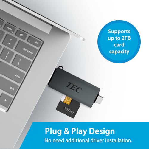 TEC Card Reader 2-in-1 USB C/USB 3.2 Micro SD and SD Memory Cards Reader Adapter with Dual USB Output. Compatible with iPhone 15 Pro Max, MacBook Pro, Chromebook, Galaxy - Ideal for Creatives