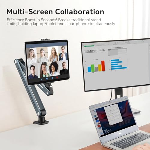 Aluminum Tablet Stand Holder - 360° Adjustable & Foldable Phone iPad Holder for Desk Mount, Dual-Device Desk Clamp for iPad Pro/Air/Mini, Samsung Galaxy Tab, Kindle, Phones 4-13"-931010