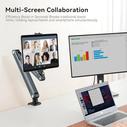 Aluminum Tablet Stand Holder - 360° Adjustable & Foldable Phone iPad Holder for Desk Mount, Dual-Device Desk Clamp for iPad Pro/Air/Mini, Samsung Galaxy Tab, Kindle, Phones 4-13"-931010