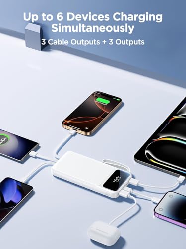 Power Bank, Portable Charger with Built in Cable 22.5W Fast Charging Battery Pack 10000mAh Slim 6 Outputs 3 Inputs LED Display Phone Charger for iPhone Samsung Pixel Moto iPad Travel Essential Gift - color: White