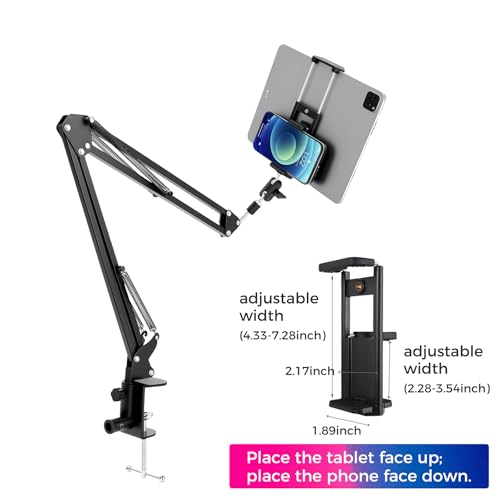30" Magic Arm Holder w Clamp - Overhead Phone Mount for Desk, Smooth 360° 1/4" & 5/8" Thread Webcam Stand for Phone, Tablet, Webcam, Mic, Camera - Content Creators & Streaming