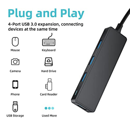 USB Hub, 3.0 4-Port Ultra-Slim Data USB Expander with 4 FT Extended Cable Compatible with MacBook, Mac Pro, Mac mini, iMac, Surface Pro, XPS, PC, Flash Drive, Mobile HDD (Black) - color: Black