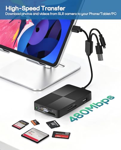 Memory Stick Pro Duo Adapter - 8 in 1 SD/TF/MS/CF/xD-Picture-Card Multi Computer Memory Card Readers with 3 USB 2.0 Ports for iPhone/Laptop/USB-C Device/Memory Stick Pro Duo Mark2/SD/XD Card Reader