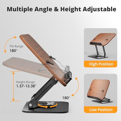 Book Stand for Reading, Adjustable Book Holder with 360° Rotating Bases, Foldable Designs, and Elastic Clips, Multifunctional Display Stand for Recipe, Cookbooks, Magazines, Tablets, Laptops - color: Dark Wood