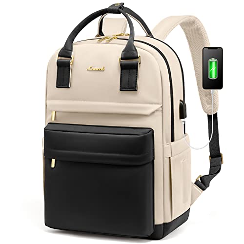 LOVEVOOK Laptop Backpack for Women Men 15.6 Inch Laptop Bag with USB Port Fashion Waterproof Backpacks Teacher Nurse Stylish Travel Bags Vintage Daypacks Bookbag for College School Work - color: Black & Beige, size: 15.6 Inch