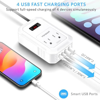 200W Car Power Inverter DC 12V to 110V AC Inverter with PD 65W/30W USB C & 2 QC 18W USB Ports & 2 AC Outlets,Car Pluɡ Adapter Outlet for Laptop/Phone/Road Trip - color: White