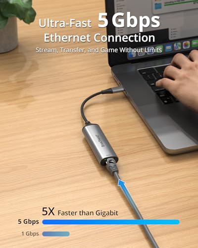 BrosTrend 5Gb USB C to Ethernet Adapter, Aluminum Ethernet to Type C Network Adapter Plug & Play for Windows MacOS etc., Compatible with Dell XPS, MacBook, iPad (Thunderbolt 5/4/3) Lifetime Protection