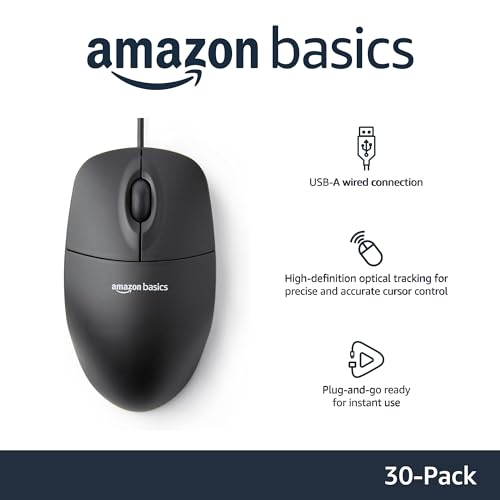 Amazon Basics 3-Button USB Wired Computer Mouse, Black, 30-Pack - size: 30-Pack