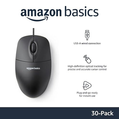 Amazon Basics 3-Button USB Wired Computer Mouse, Black, 30-Pack - size: 30-Pack