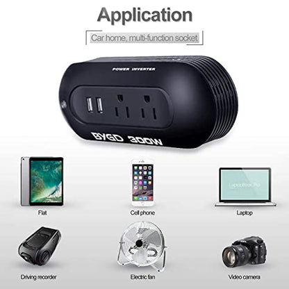 300W Car Power Inverter DC 12V to 110V AC Converter – Dual AC Outlets & Dual 2.4A USB Fast Charging Ports, Cigarette Lighter Adapter for Phones, Tablets, Laptops on Road Trip
