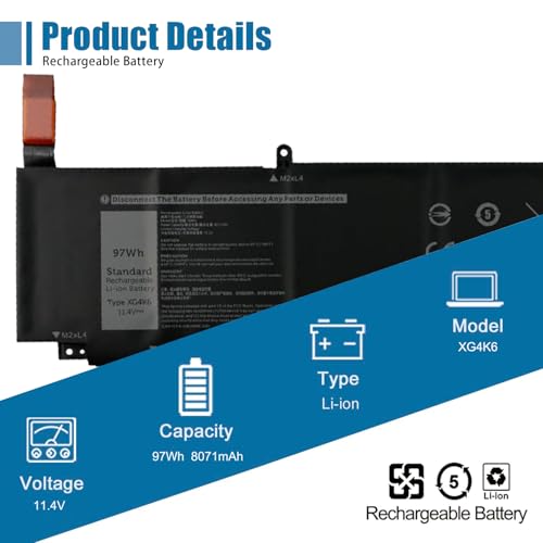 XG4K6 Laptop Battery for Dell XPS 17 9700 9710 9720 9730 Precision 5750 5760 5770 Series P92F P92F001 P92F002 P92F003 01RR3 001RR3 F8CPG 0F8CPG 5XJ6R KVPMY 0YY3V 01AV407 01AV408 11.4V 97Wh - size: 12.98*3.17*0.32 inch XG4K6