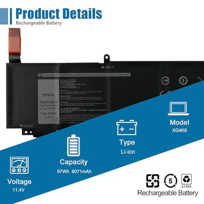 XG4K6 Laptop Battery for Dell XPS 17 9700 9710 9720 9730 Precision 5750 5760 5770 Series P92F P92F001 P92F002 P92F003 01RR3 001RR3 F8CPG 0F8CPG 5XJ6R KVPMY 0YY3V 01AV407 01AV408 11.4V 97Wh - size: 12.98*3.17*0.32 inch XG4K6