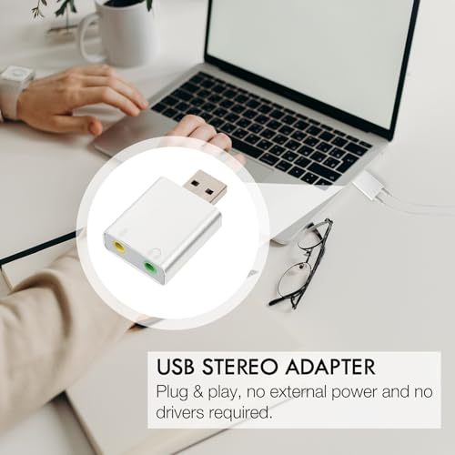 USB External Stereo Sound Card Adapter with Headphone and Microphone Jack Plug and Play USB Audio Converter for Laptop Desktop Silver Aluminum Alloy