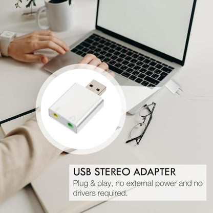USB External Stereo Sound Card Adapter with Headphone and Microphone Jack Plug and Play USB Audio Converter for Laptop Desktop Silver Aluminum Alloy