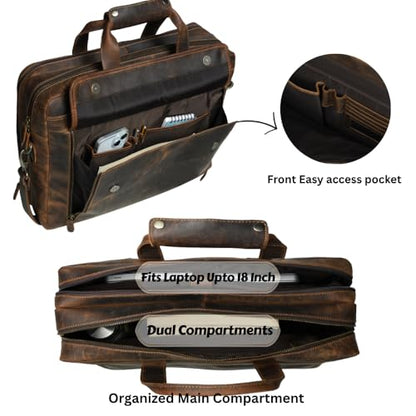 Leather Messenger Bag for Men - 17" Laptop Briefcase - Mens Vintage Business Crossbody Computer Bags | Fits Upto 18" Inch Laptop