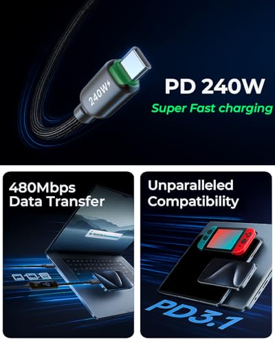 LITO 240W USB C to USB C Cable with TFT Touch Screen，PD 3.1 Fast Charge，4FT | TFT Power Meter, Smart LED Indicator, E-Marker, Premium Braided Nylon, for iPhone 17 16 15, MacBook, Laptop, Tablet