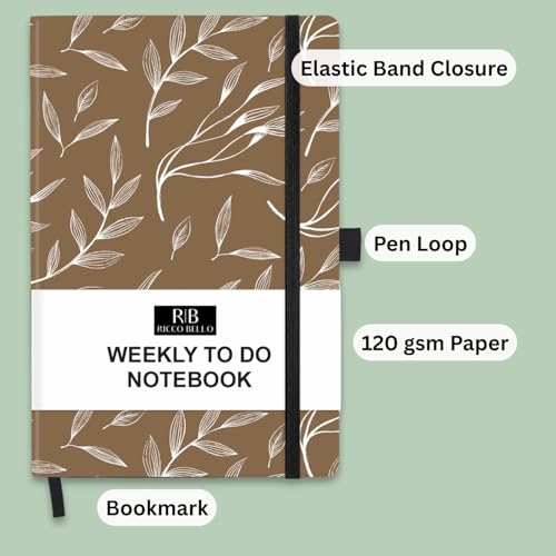 RICCO BELLO Undated Weekly Planner To Do Notebook, Brown Leaf, 5.7x8.4" | Hardcover, Pen Holder, Bookmark, Band Closure, Storage Pocket - color: Brown Leaf