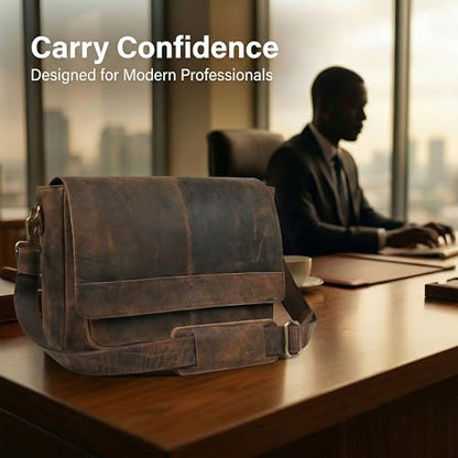 Genuine Leather Messenger Bag-16'' Satchel Shoulder Bag for Men & Women, Crossbody Work Bag for Travel, Office, and Daily Use - color: Brown