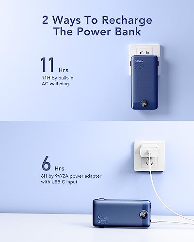 VRURC Portable Charger 20000mAh, Fast Charging Power Bank USB C,4 Output 2 Input Travel Essentials Charging Bank Equipped with LED Display,Built-in Wall Plug and Cables,Phone Charger Battery,Navy - color: Navy