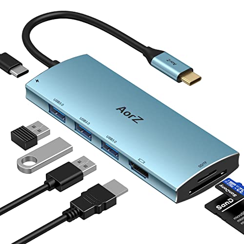 USB C Hub, USB Hub to HDMI Multiport AorZ USB c Dongle Adapter 7 in 1 with 4K HDMI Output, 3 USB 3.0 Ports,SD/Micro SD Card Reader, 100W PD,Compatible with Macbook,XPS and More Type Device(Light Blue) - color: Light Blue